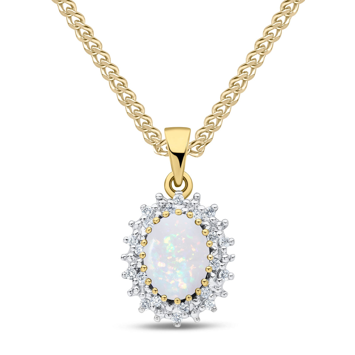 9ct Yellow Gold Oval Natural Opal & Diamond Classic Cluster Pendant — 8x6mm