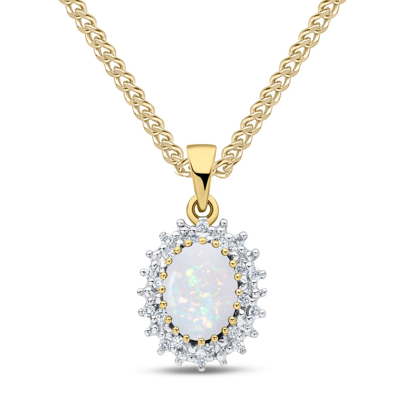 9ct Yellow Gold Oval Natural Opal & Diamond Classic Cluster Pendant — 8x6mm
