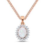 9ct Rose Gold Oval Natural Opal & Diamond Classic Cluster Pendant — 8x6mm