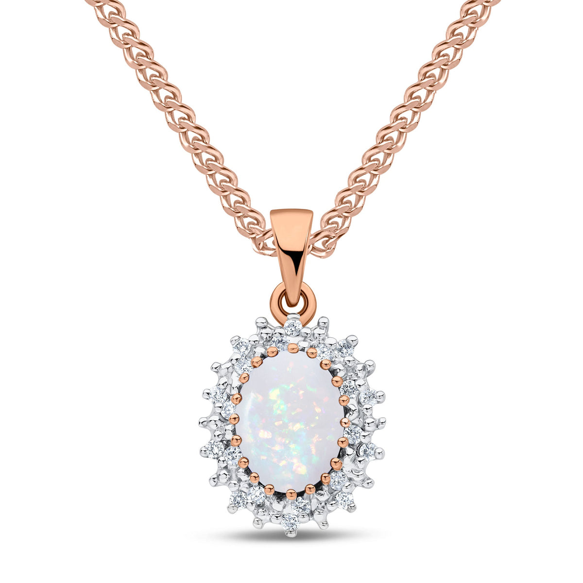 9ct Rose Gold Oval Natural Opal & Diamond Classic Cluster Pendant — 8x6mm