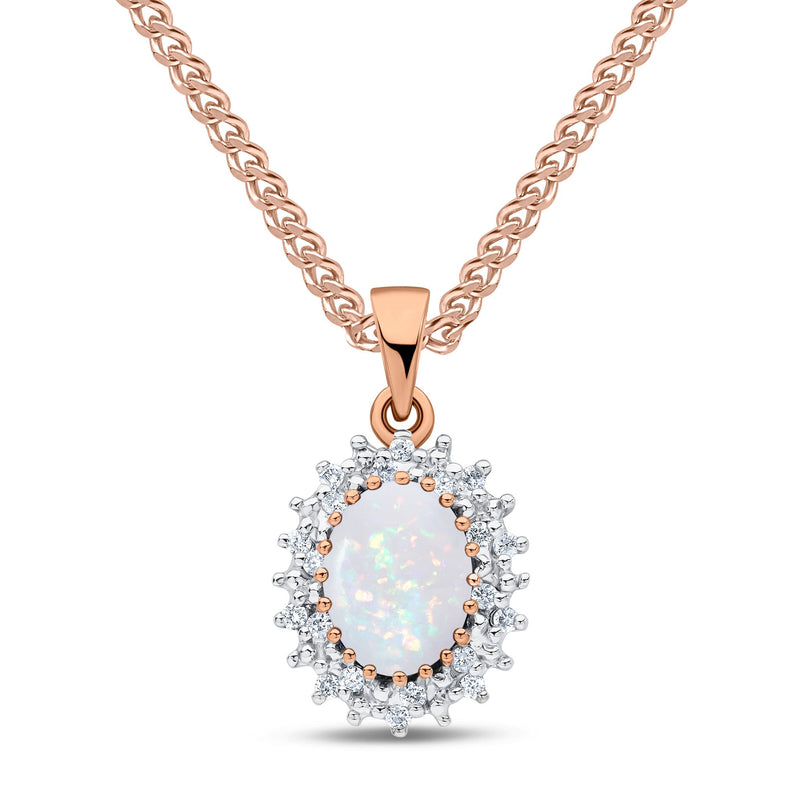 9ct Rose Gold Oval Natural Opal & Diamond Classic Cluster Pendant — 8x6mm