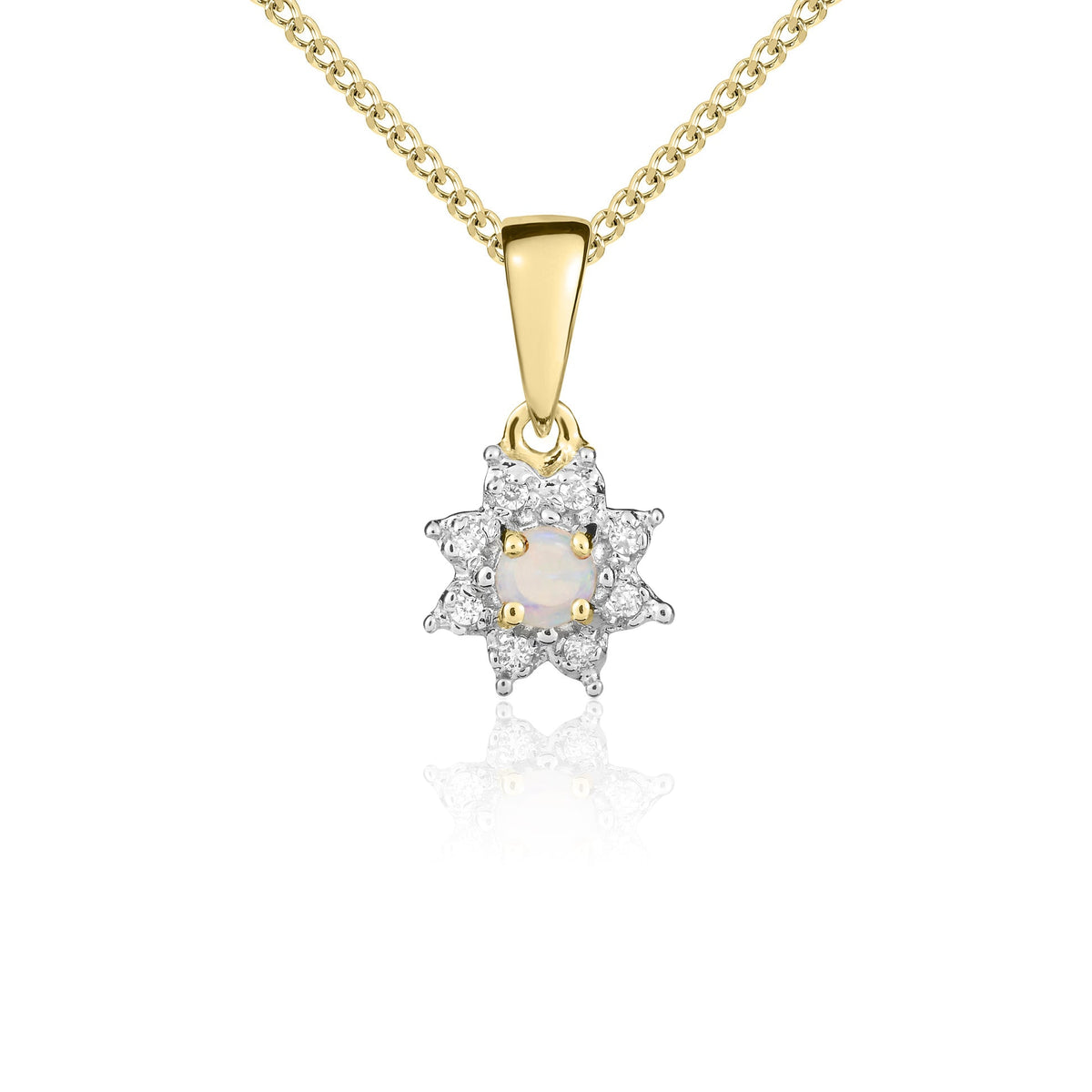 9ct Yellow Gold Round Natural Opal & Diamond Claw Set Cluster Pendant — 3mm