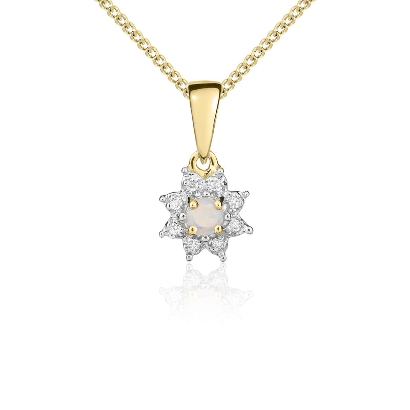 9ct Yellow Gold Round Natural Opal & Diamond Claw Set Cluster Pendant — 3mm