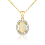 9ct Yellow Gold Oval Natural Opal & Diamond Halo Cluster Pendant — 7x5mm