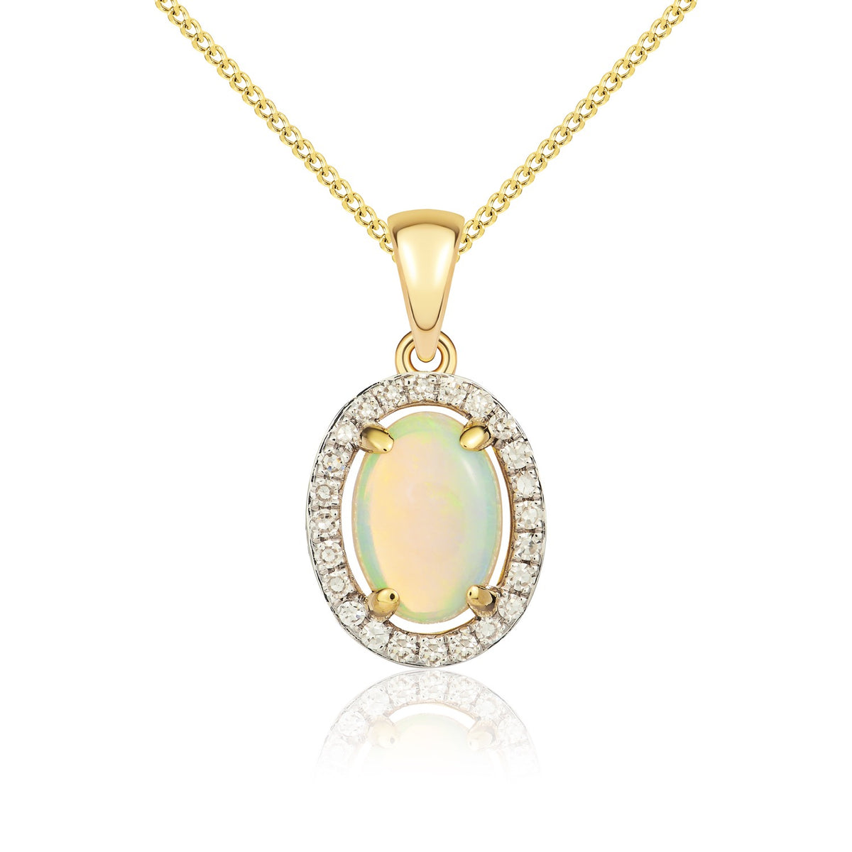 9ct Yellow Gold Oval Natural Opal & Diamond Halo Cluster Pendant — 7x5mm