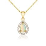 9ct Yellow Gold Pear Natural Opal & Diamond Halo Cluster Pendant — 6x4mm