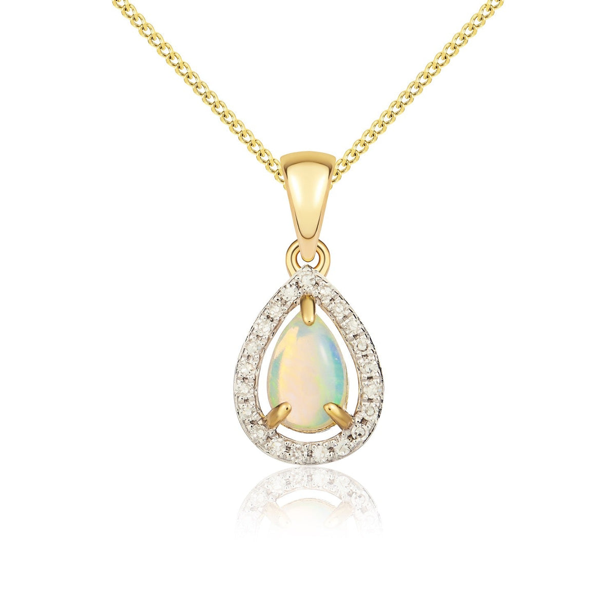 9ct Yellow Gold Pear Natural Opal & Diamond Halo Cluster Pendant — 6x4mm