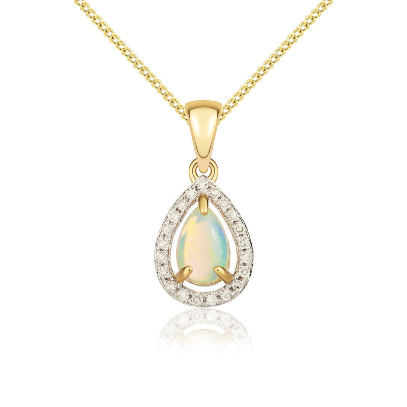 9ct Yellow Gold Pear Natural Opal & Diamond Halo Cluster Pendant — 6x4mm