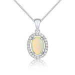 9ct White Gold Oval Natural Opal & Diamond Halo Cluster Pendant — 7x5mm