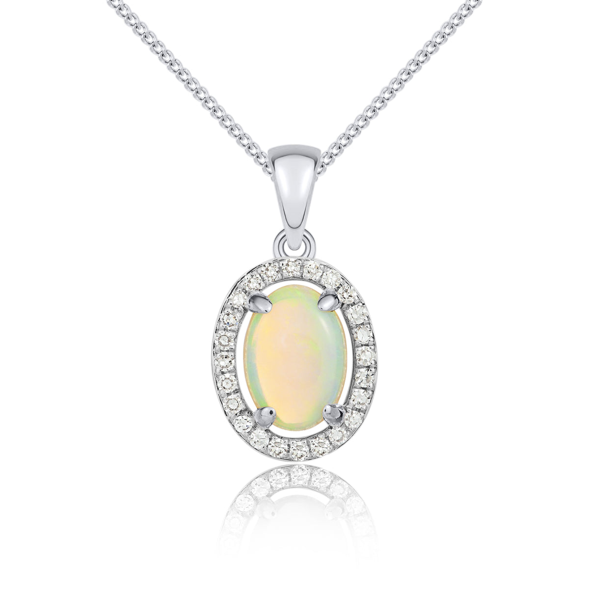 9ct White Gold Oval Natural Opal & Diamond Halo Cluster Pendant — 7x5mm