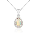 9ct White Gold Pear Natural Opal & Diamond Halo Cluster Pendant — 6x4mm