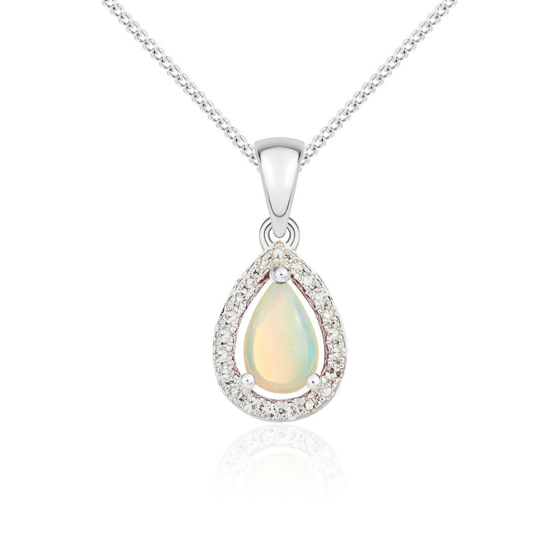 9ct White Gold Pear Natural Opal & Diamond Halo Cluster Pendant — 6x4mm