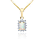 9ct Yellow Gold Octagonal Natural Opal & Diamond Claw Set Cluster Pendant — 5x3mm