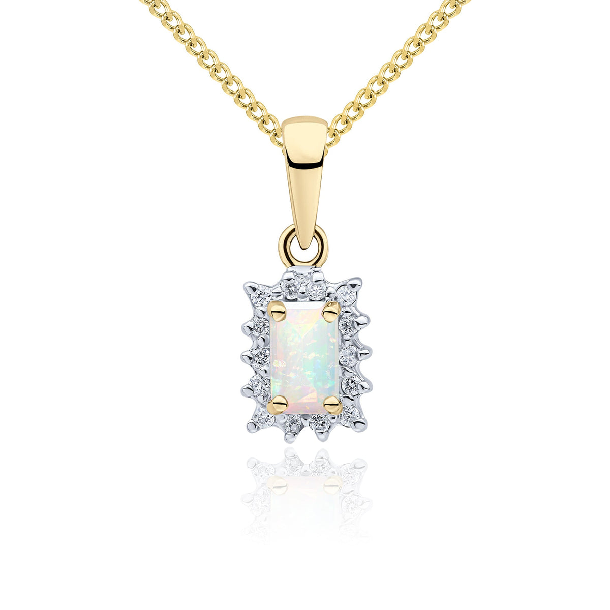 9ct Yellow Gold Octagonal Natural Opal & Diamond Claw Set Cluster Pendant — 5x3mm