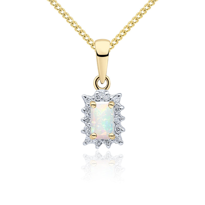 9ct Yellow Gold Octagonal Natural Opal & Diamond Claw Set Cluster Pendant — 5x3mm