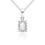 9ct White Gold Octagonal Natural Opal & Diamond Claw Set Cluster Pendant — 5x3mm