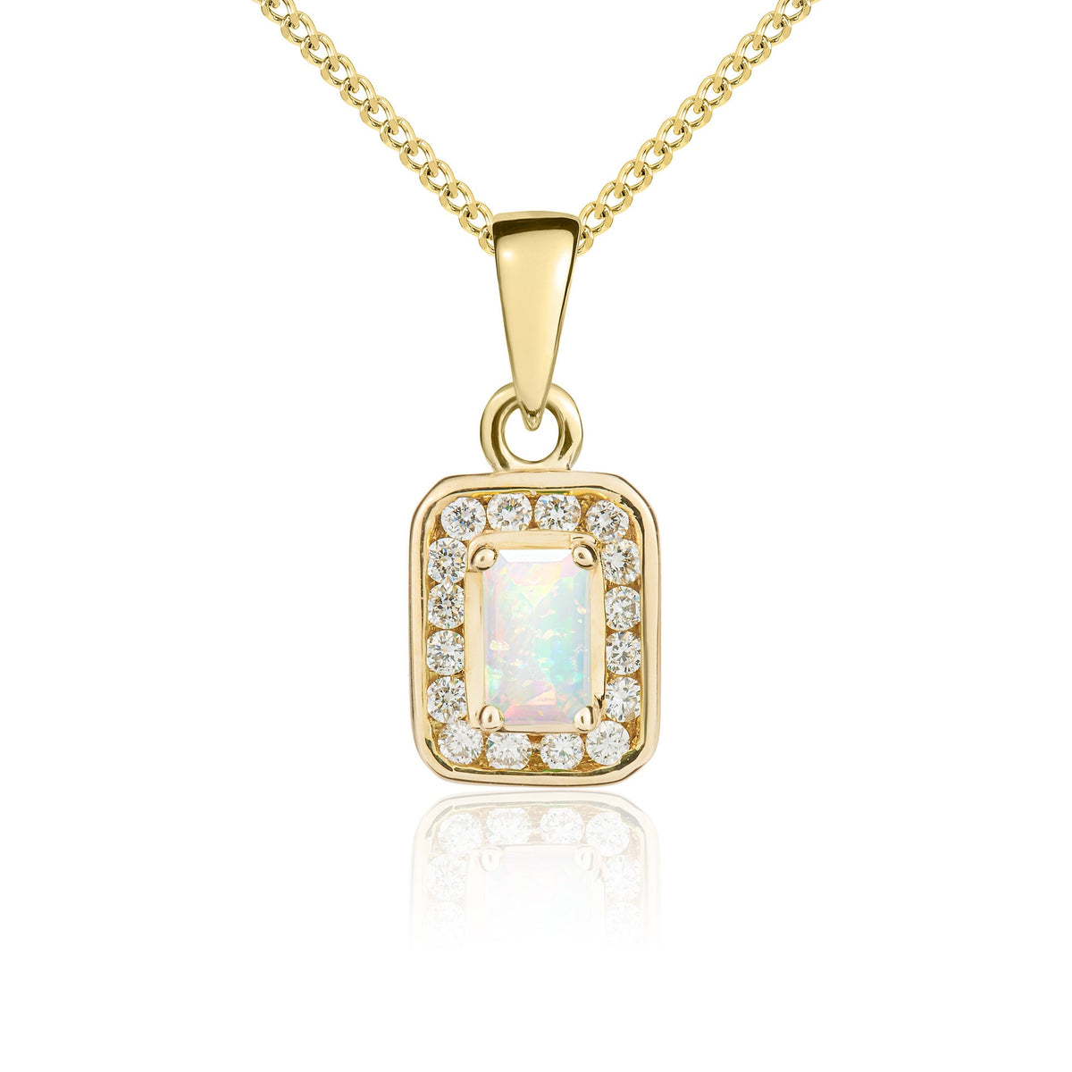 9ct Yellow Gold Octagonal Natural Opal & Diamond Cluster Pendant — 5x3mm
