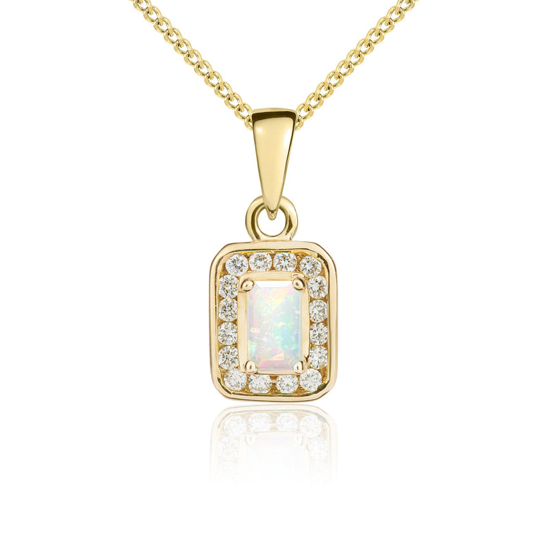 9ct Yellow Gold Octagonal Natural Opal & Diamond Cluster Pendant — 5x3mm