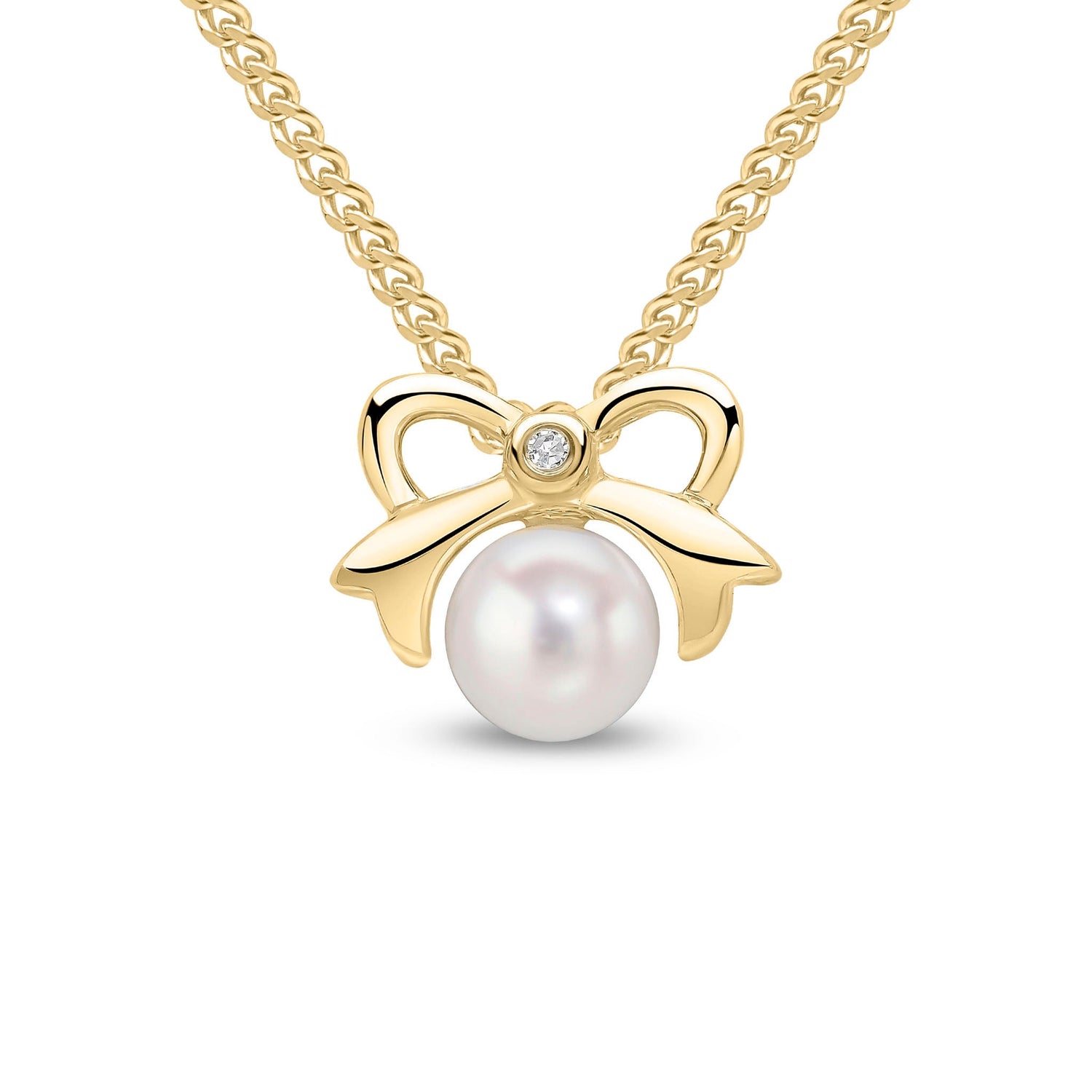 9ct Yellow Gold Natural Pearl and Diamond Bow Pendant – 5.5 x 6mm