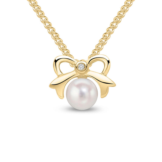 9ct Yellow Gold Natural Pearl and Diamond Bow Pendant – 5.5 x 6mm