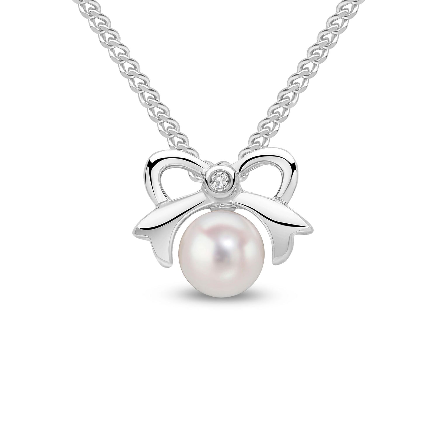 9ct White Gold Natural Pearl and Diamond Bow Pendant — 10x11mm