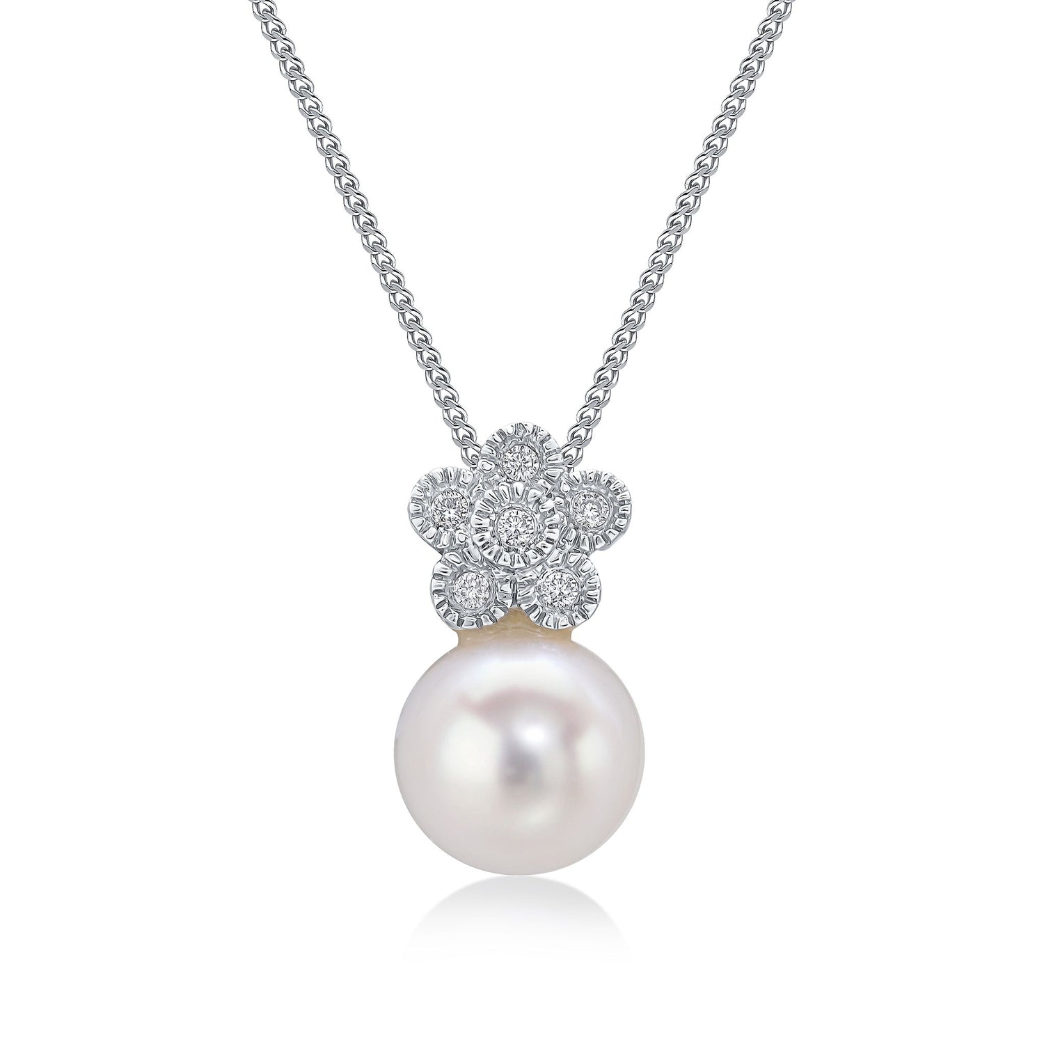 9ct White Gold Natural Diamond and Pearl Flower Cluster Pendant — 14.5mm