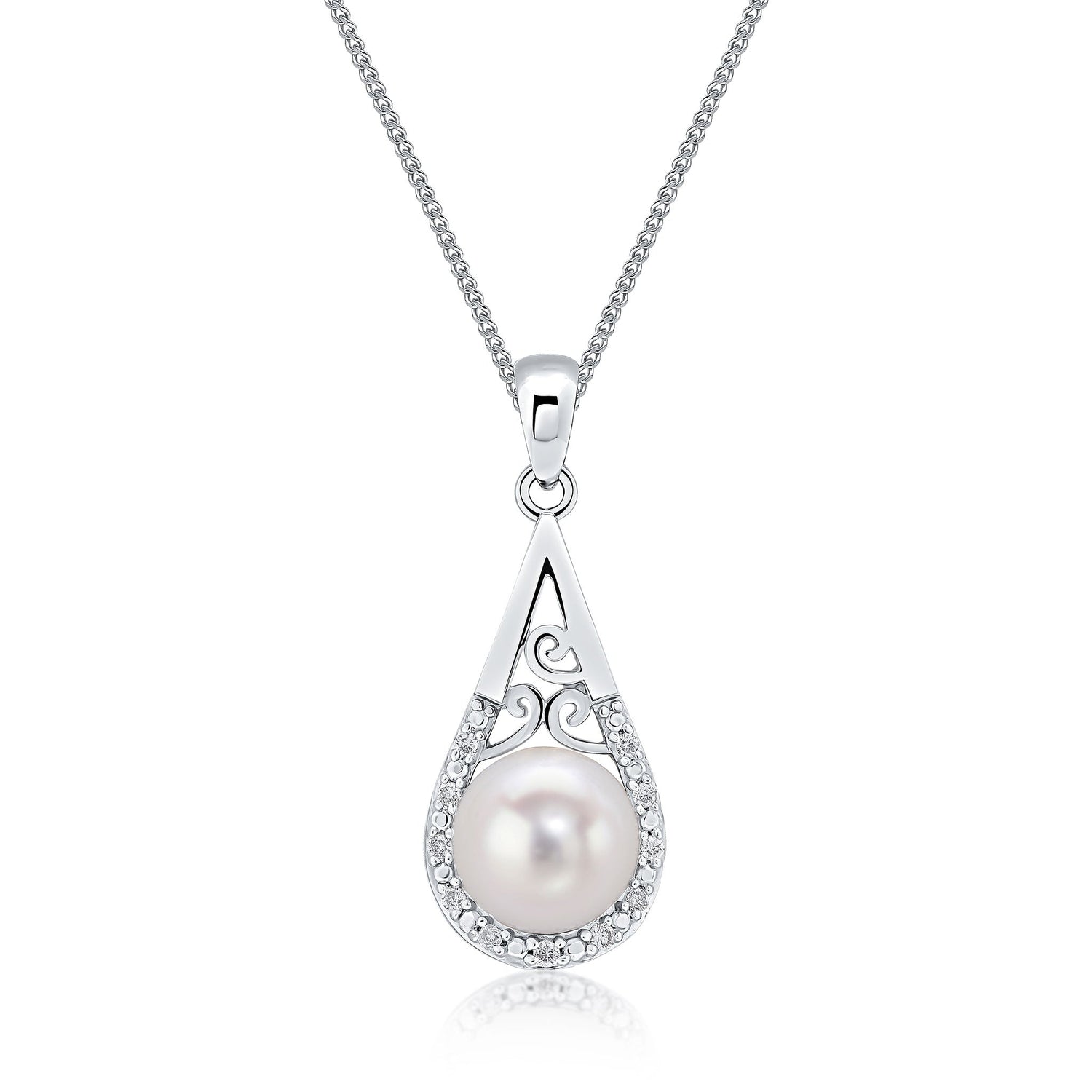 9ct White Gold Natural Diamond and Pearl Basket Pendant — 18mm