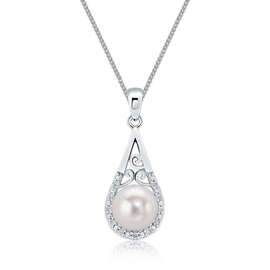 9ct White Gold Natural Diamond and Pearl Basket Pendant — 18mm