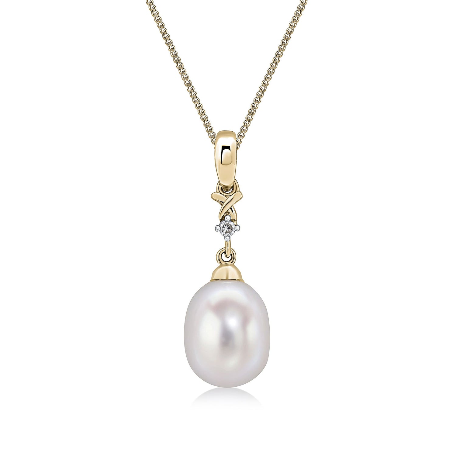 9ct Yellow Gold Natural Pearl and Diamond Two Stone Pendant — 23 x 7.4mm