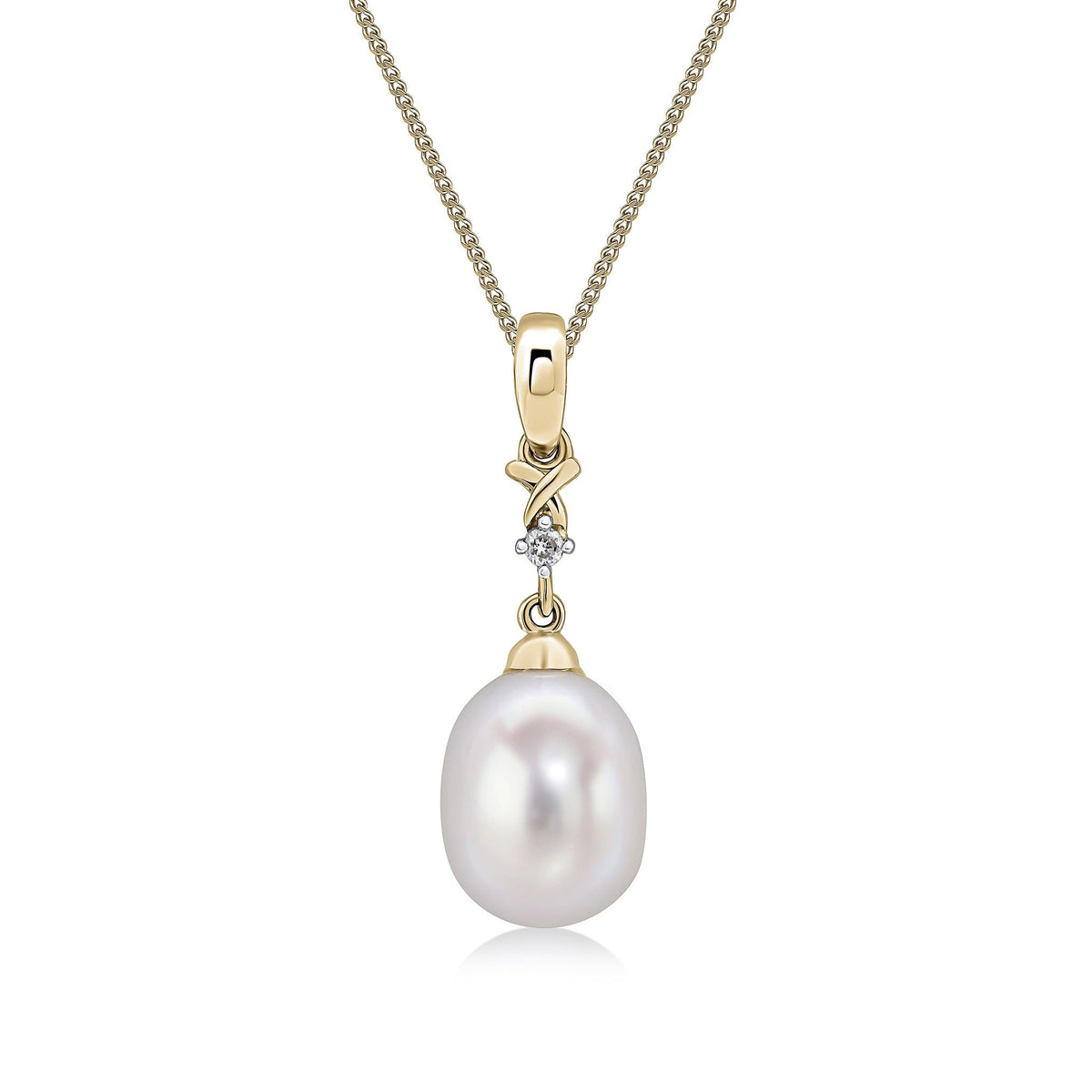 9ct Yellow Gold Freshwater Cultured Pearl and Natural Diamond Two Stone Pendant