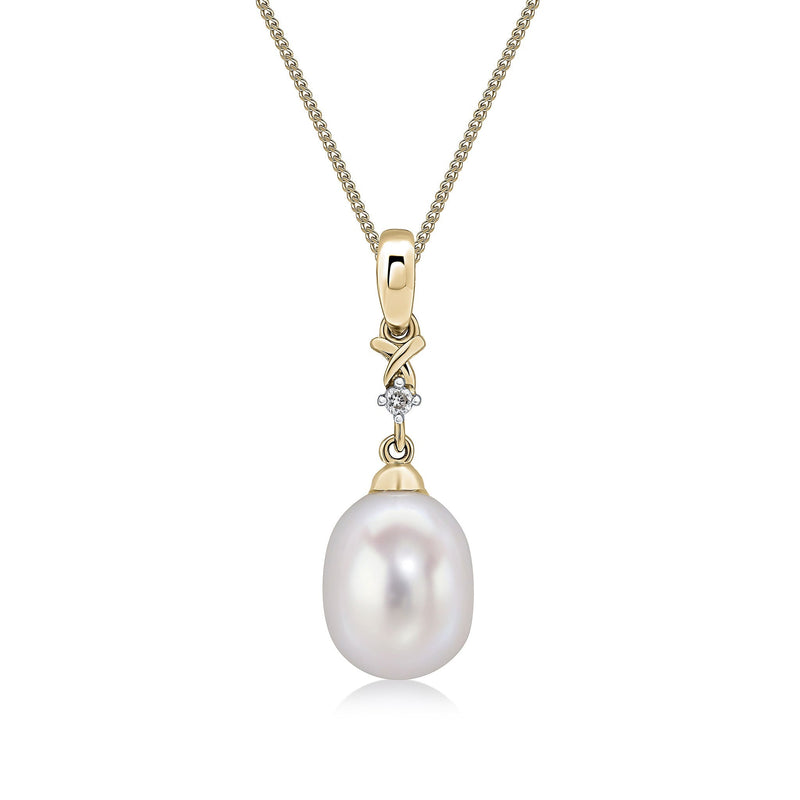 9ct Yellow Gold Freshwater Cultured Pearl and Natural Diamond Two Stone Pendant