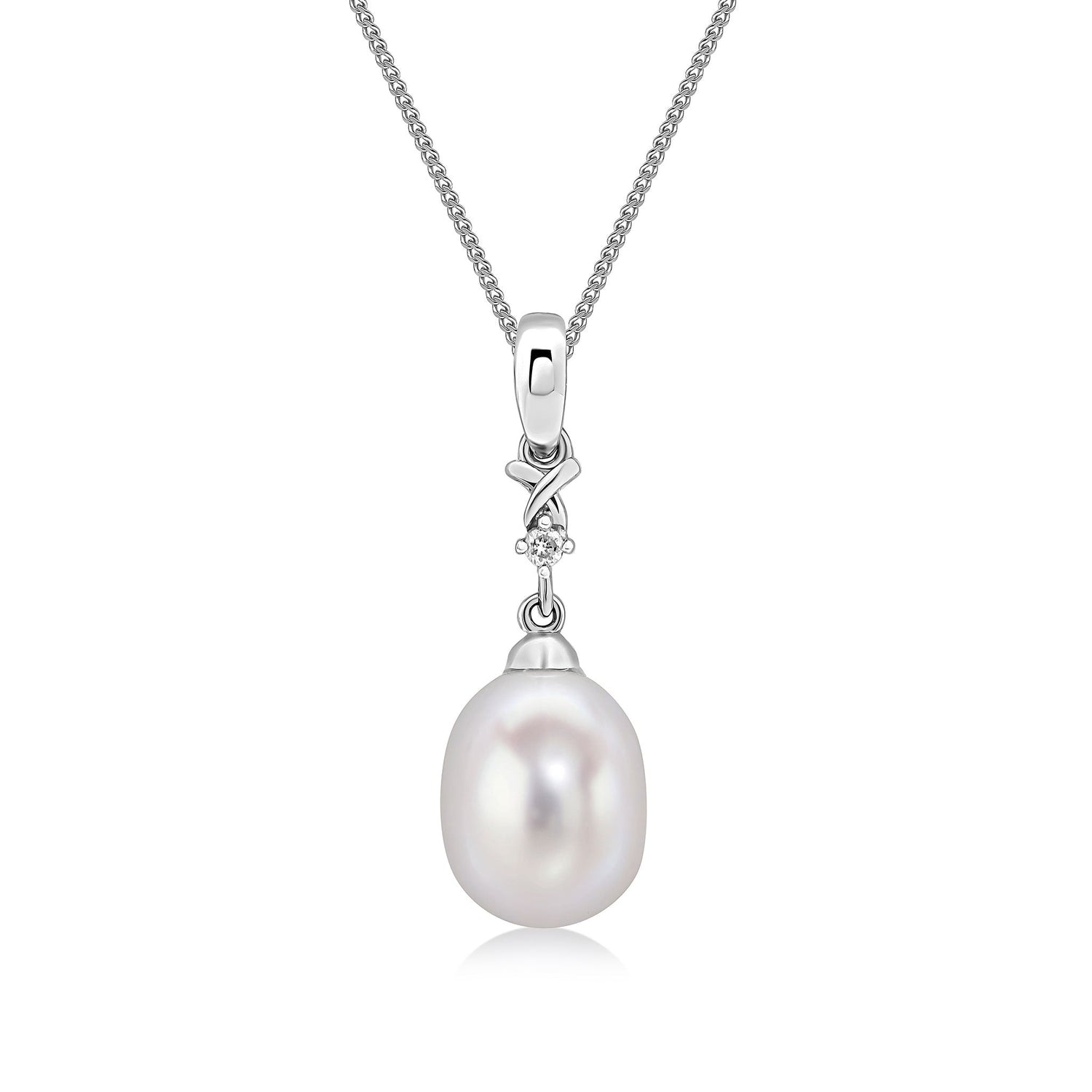 9ct White Gold Natural Cultured Freshwater Pearl and Diamond Two Stone Pendant — 23 x 7.4mm