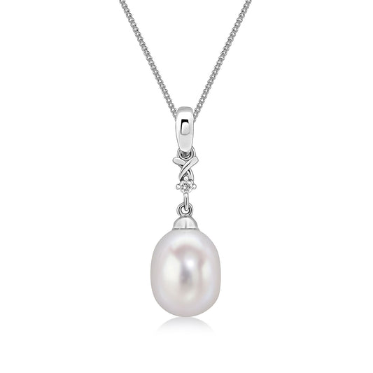 9ct White Gold Natural Cultured Freshwater Pearl and Diamond Two Stone Pendant — 23 x 7.4mm