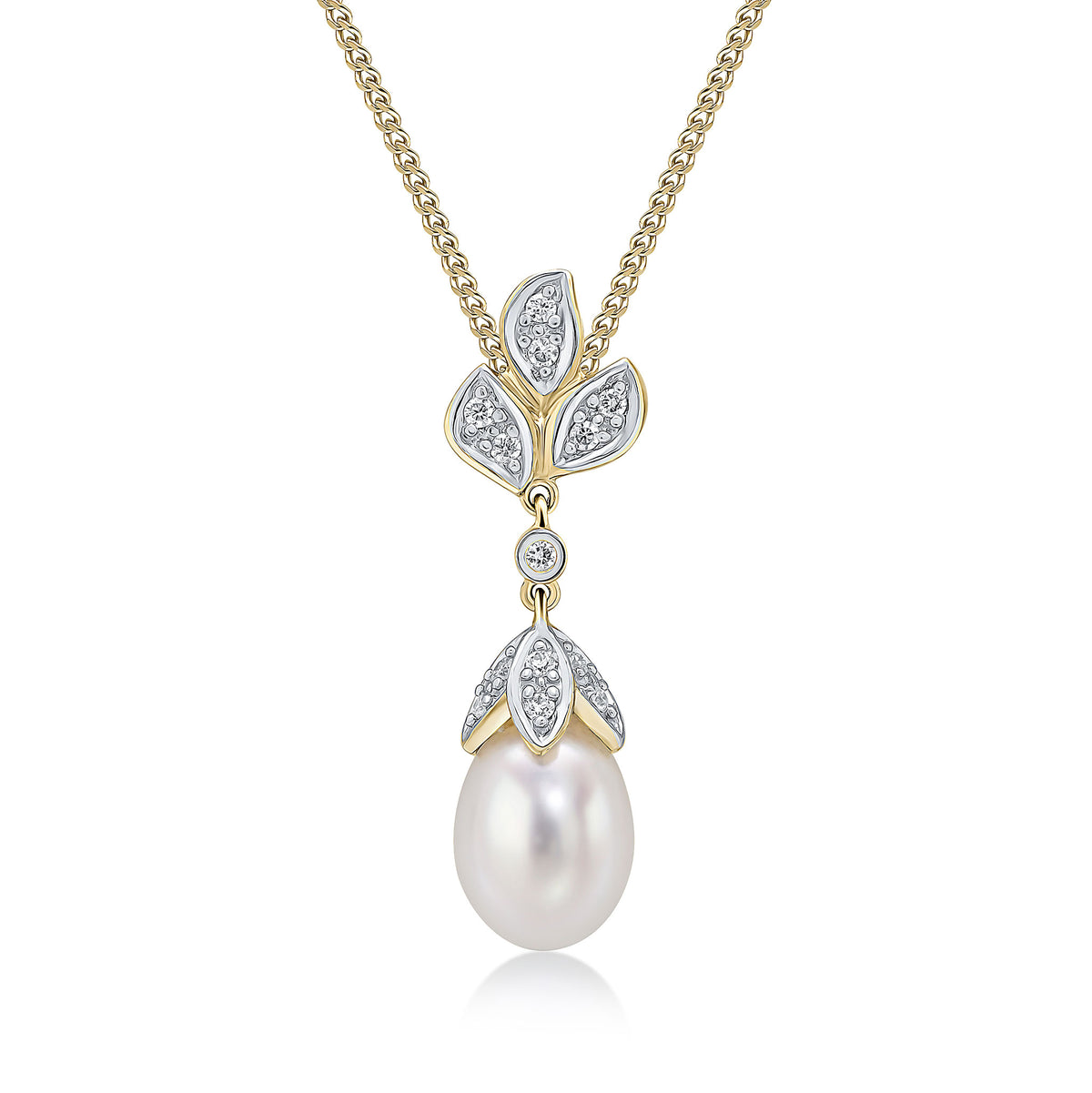 9ct Yellow Gold Freshwater Pearl & Diamond Floral Drop Pendant — 7mm