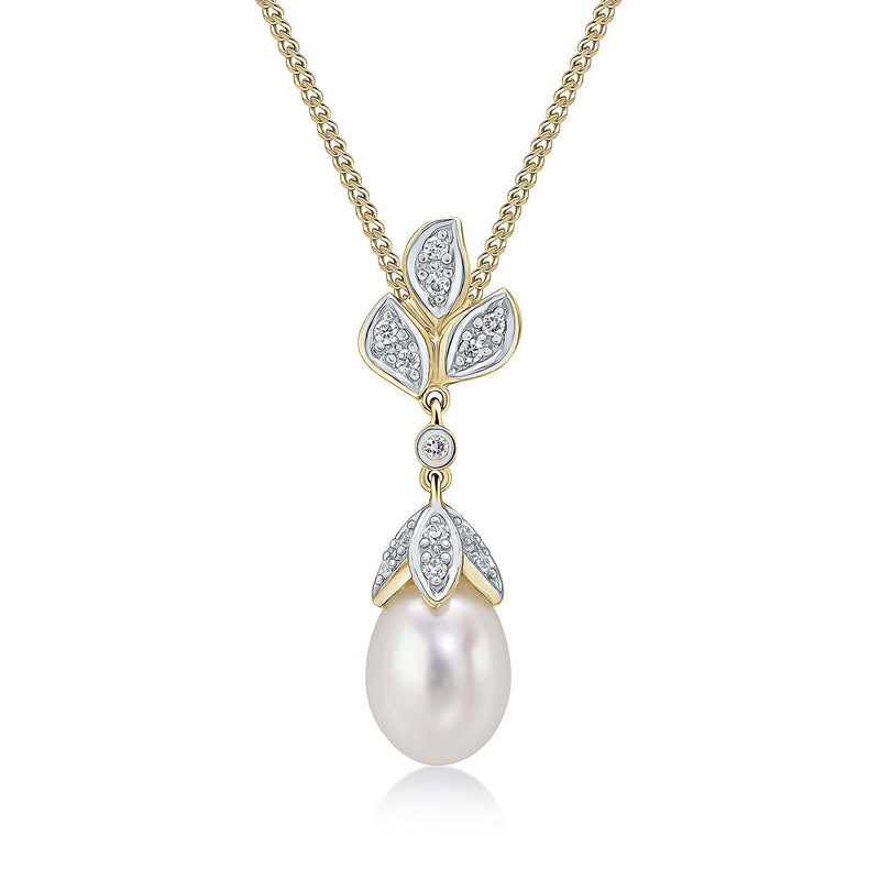 9ct Yellow Gold Freshwater Pearl & Diamond Floral Drop Pendant — 7mm