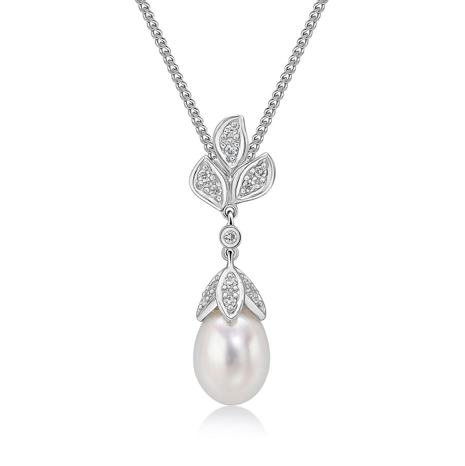 9ct White Gold Natural Diamond and Pearl Floral Drop Pendant — 29 x 7.5mm