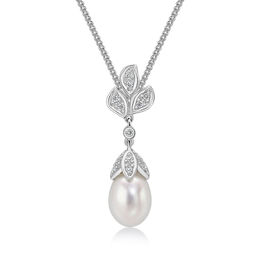 9ct White Gold Natural Diamond and Pearl Floral Drop Pendant — 29 x 7.5mm
