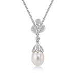 9ct White Gold Freshwater Pearl & Diamond Floral Drop Pendant — 7mm