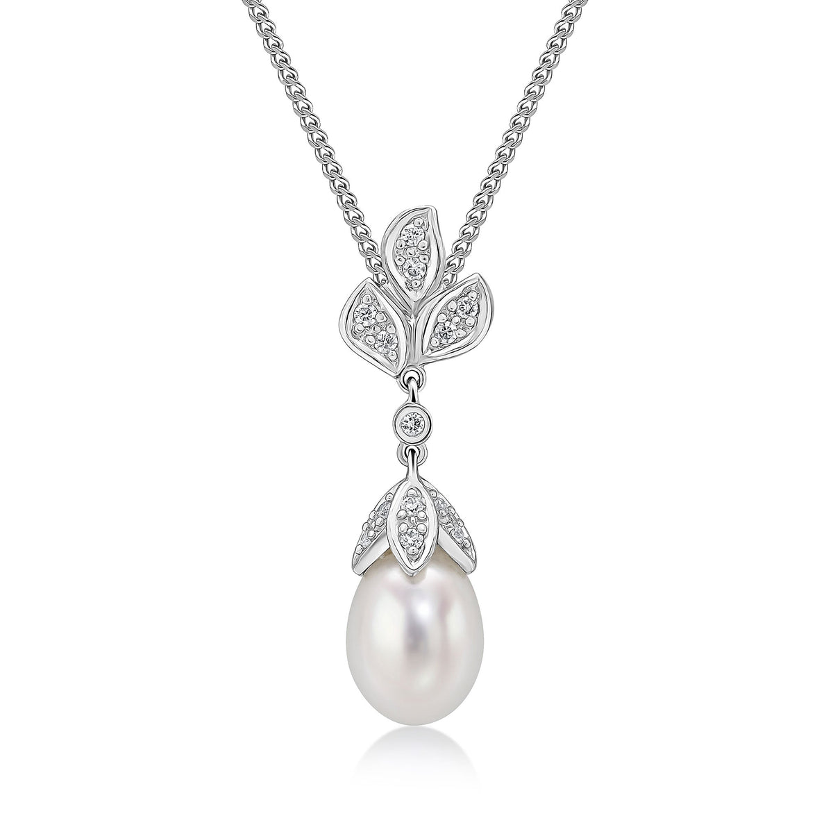9ct White Gold Freshwater Pearl & Diamond Floral Drop Pendant — 7mm