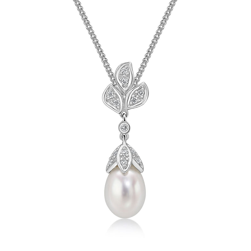 9ct White Gold Freshwater Pearl & Diamond Floral Drop Pendant — 7mm