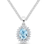 9ct White Gold Oval Natural Aquamarine & Diamond Classic Cluster Pendant — 8x6mm