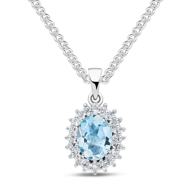 9ct White Gold Oval Natural Aquamarine & Diamond Classic Cluster Pendant — 8x6mm