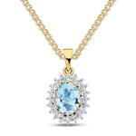 9ct Yellow Gold Oval Natural Aquamarine & Diamond Classic Cluster Pendant — 8x6mm