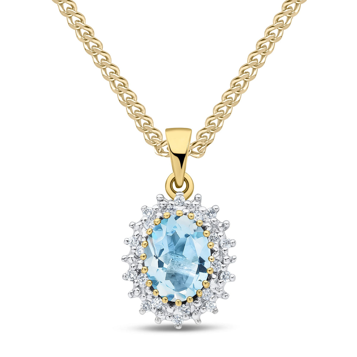 9ct Yellow Gold Oval Natural Aquamarine & Diamond Classic Cluster Pendant — 8x6mm