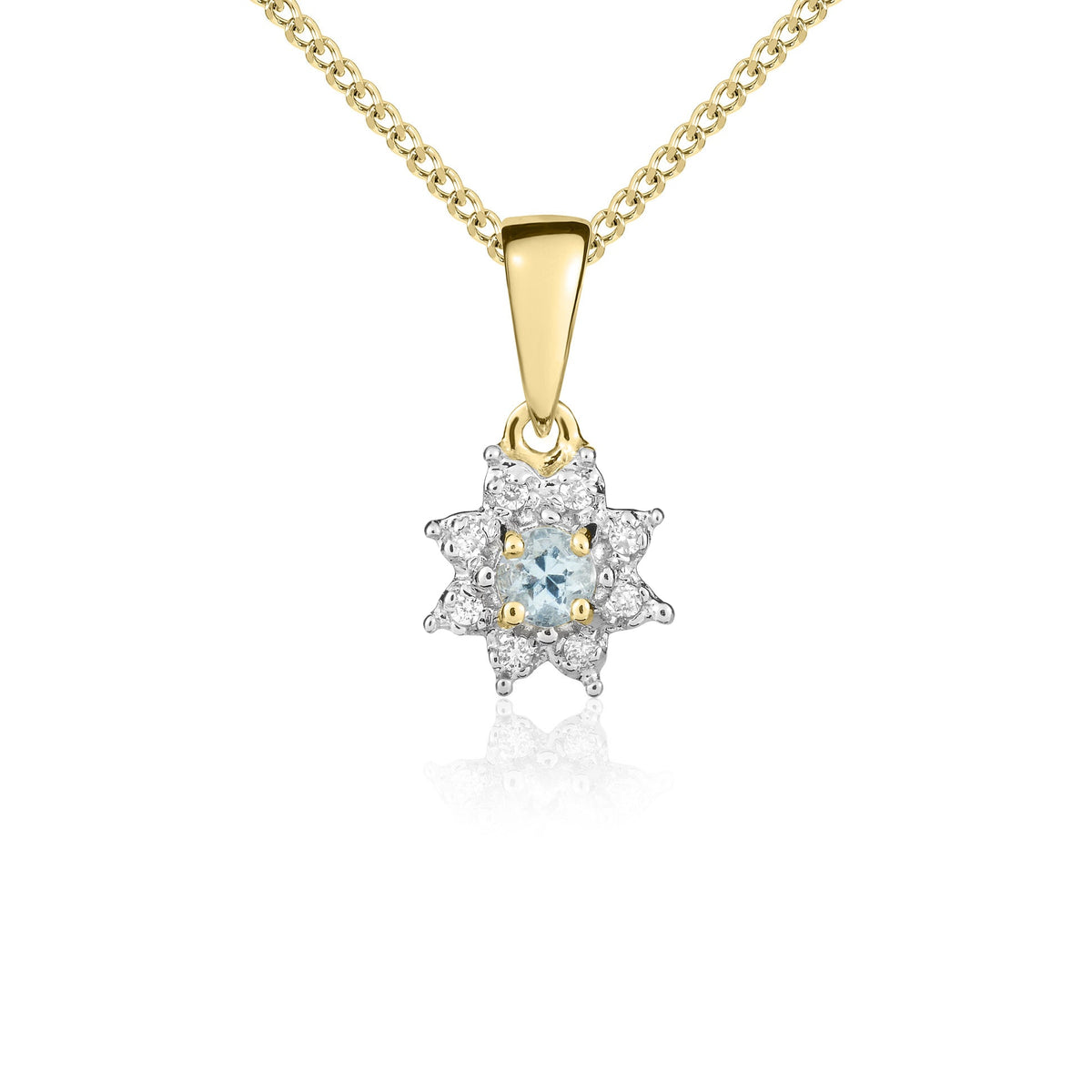 9ct Yellow Gold Round Natural Aquamarine & Diamond Claw Set Cluster Pendant — 3mm