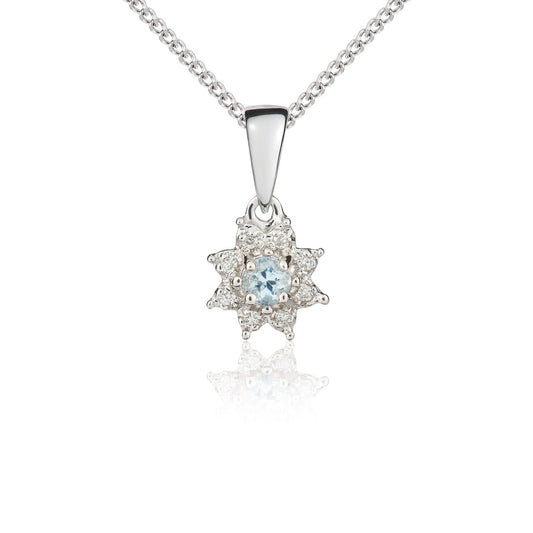 9ct White Gold Round Aquamarine & Diamond Cluster Pendant — 3mm