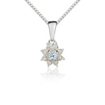 9ct White Gold Round Natural Aquamarine & Diamond Claw Set Cluster Pendant — 3mm