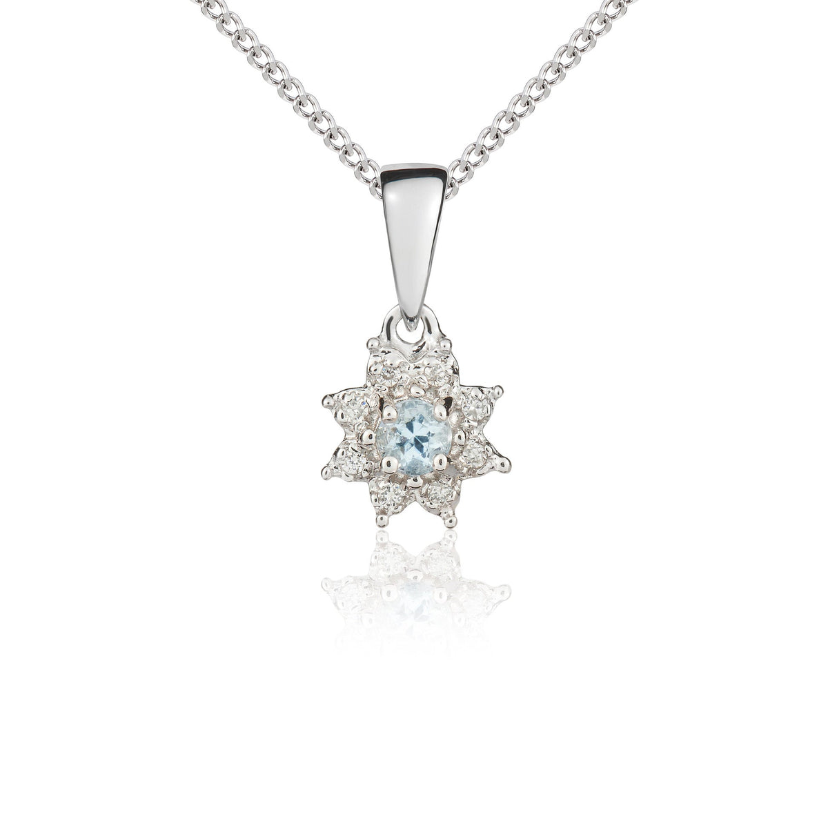 9ct White Gold Round Natural Aquamarine & Diamond Claw Set Cluster Pendant — 3mm