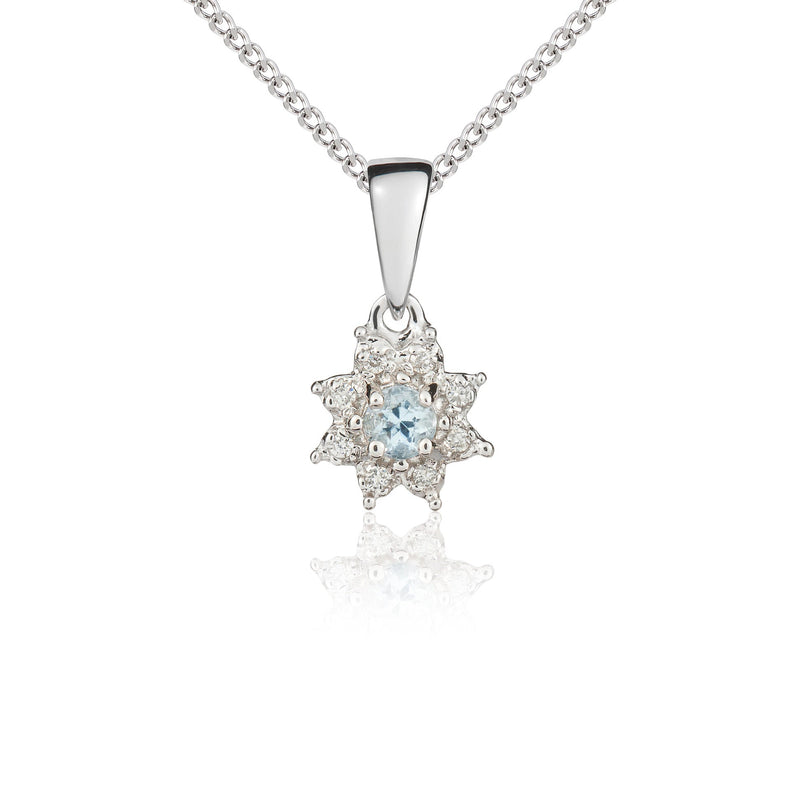9ct White Gold Round Natural Aquamarine & Diamond Claw Set Cluster Pendant — 3mm