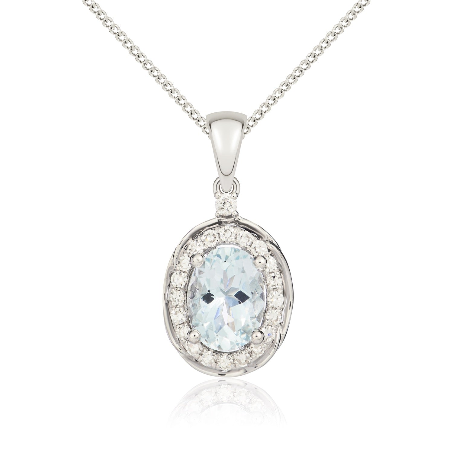 9ct White Gold Oval Natural Aquamarine and Diamond Cluster Pendant — 7x5mm